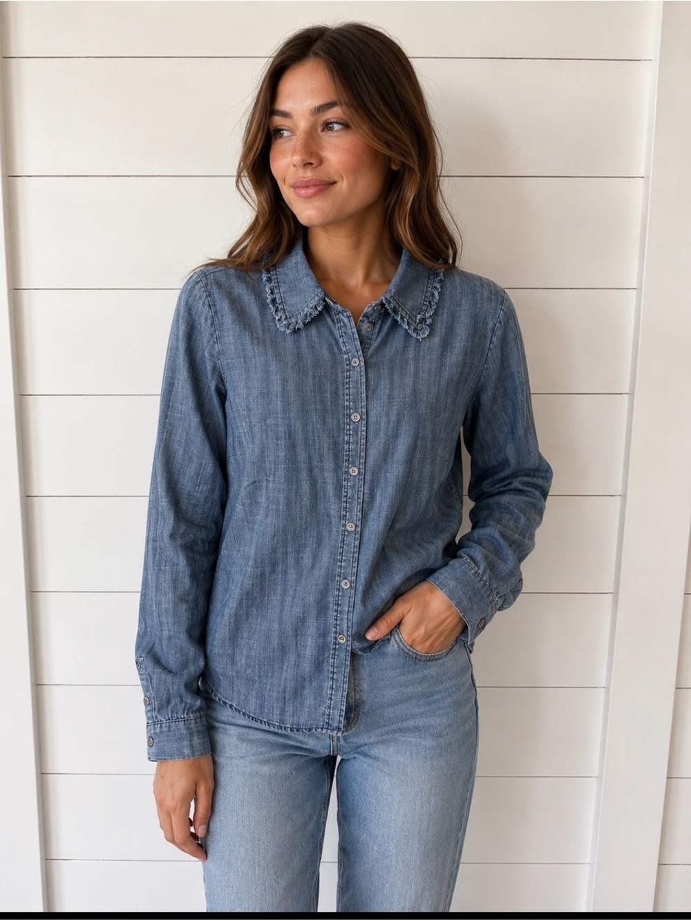 New Anthropology Current Air S Chambray fringe edge boho chic button down top